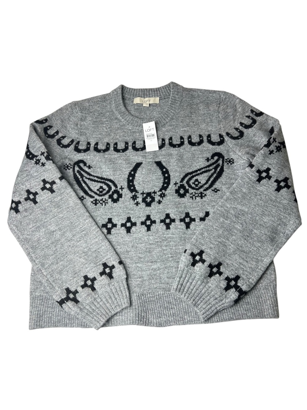 LOFT NWT Super Soft Women’s Medium Horse Shoe Print Crewneck Gray Sweater